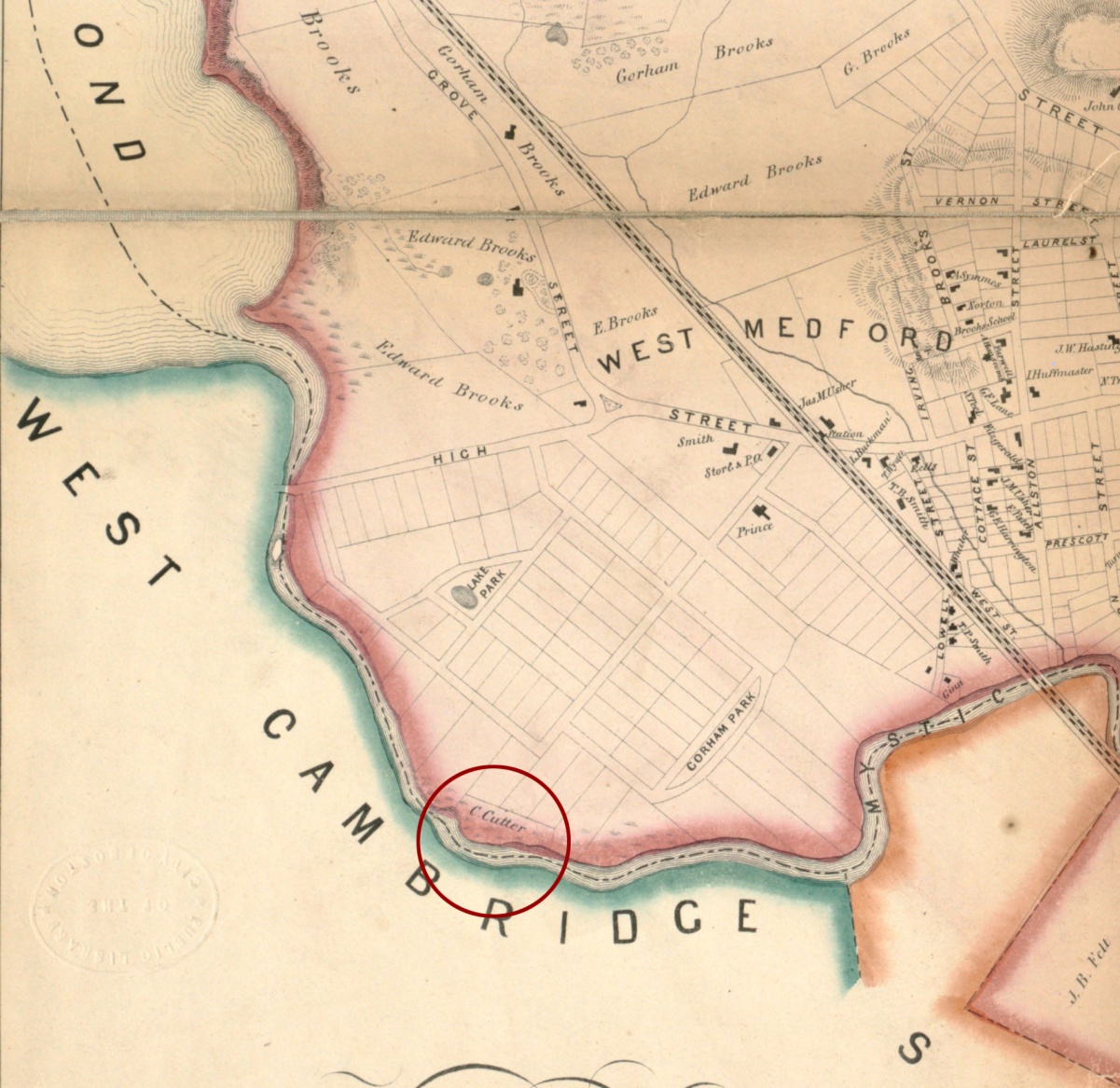 Detail Map of Medford - Walling, Henry Francis. Map of the Town of Medford, Middlesex County, Mass. (1855) - from the Leventhal Map & Education Center, Boston Public Library.