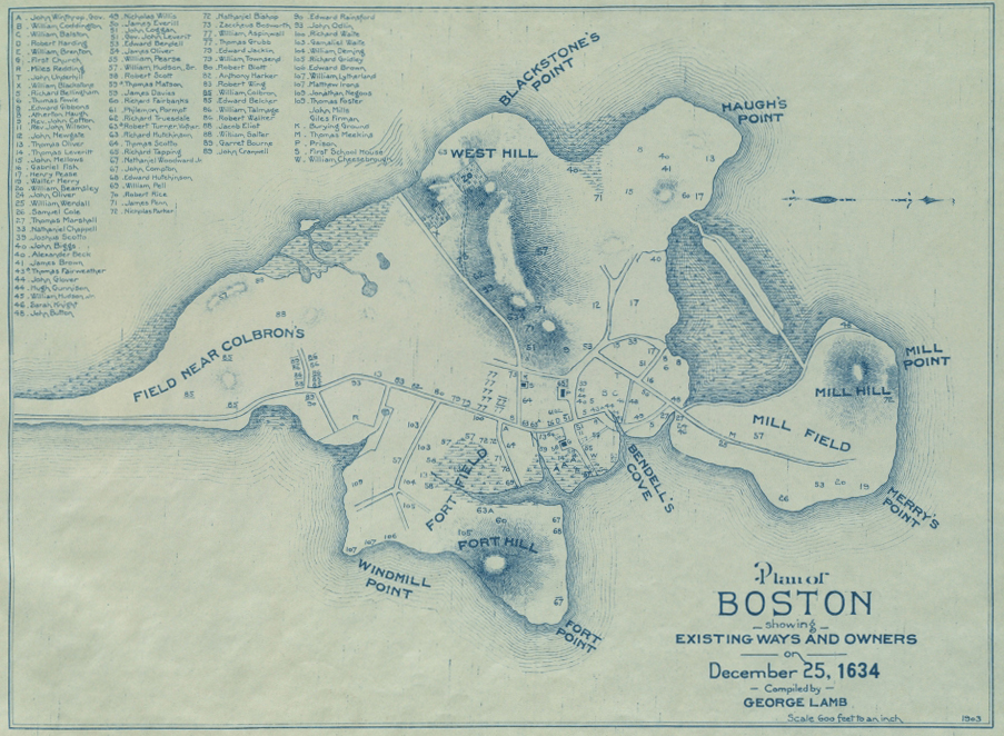 Plan of Boston 1634 - Lamb, George. Plan of Boston Showing Existing Ways and Owners on December 25, 1634. (1903) - from the Leventhal Map & Education Center, Boston Public Library.