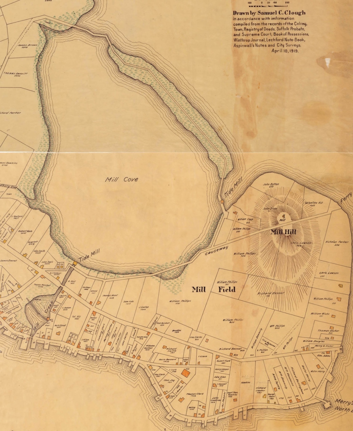 Boston 1648 - Clough, Chester. Map of the Town of Boston 1648. Drawn by Samuel C. Clough, in Accordance with Information Compiled from the Records of the Colony. (1919).- from the Massachusetts Historical Society.