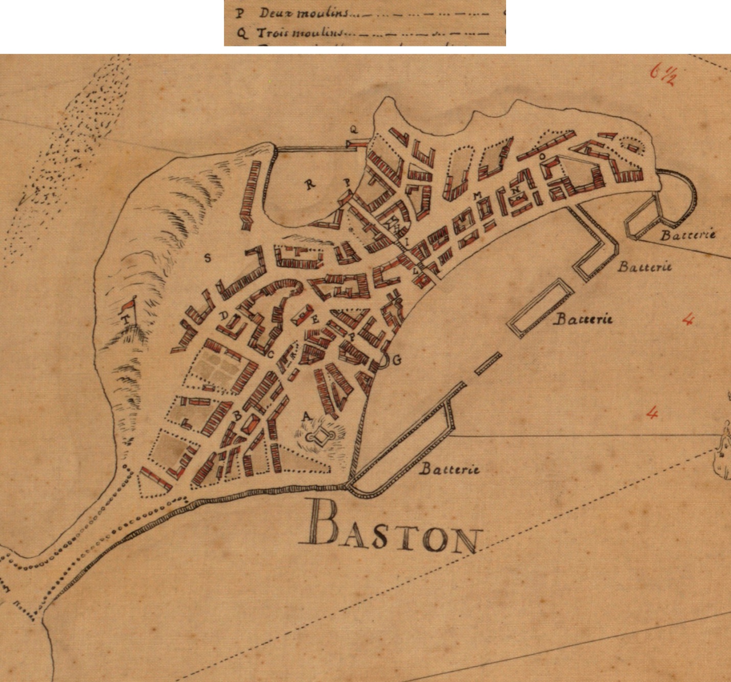 Boston 1693 - Franquelin, Jean Baptiste Louis. Carte de la Ville, Baye, et Environs de Baston. (1879) "Traced from the original in the Dépôt des Cartes de la Marine at Paris & presented to the Boston Public Library by Alfred Greenough, Architect, June 1879." Original version : 1693.- from the Leventhal Map & Education Center, Boston Public Library. Locations P & Q in the map are shown in the legend to have had multiple mills.