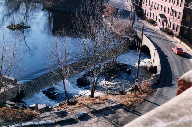Picture of the cement bridge built in 1910. The photograph was taken from the top of the Faulkner Mill tower by the author in 1998