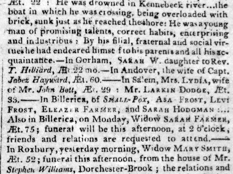 Death Notices from Page #2 from the Columbian Centinel #2856, Boston, Massachusetts, Wednesday, August 21, 1811