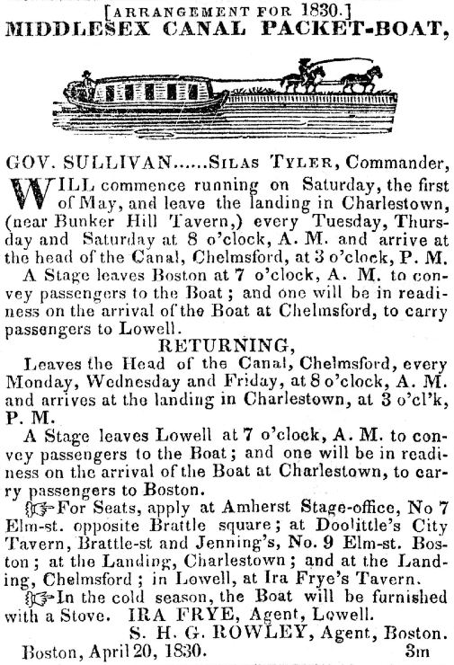 Middlesex Canal Packet-Boat advertisement