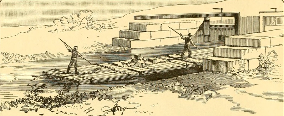 Rafts being poled into a lock