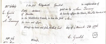 Figure 2: Stock Transfer from Elizabeth Quincy Guild to Ann Quincy Packard, 1796