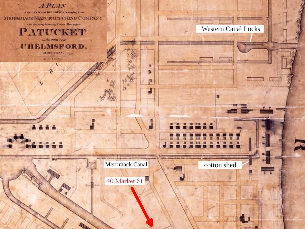 Detail of Baldwin’s MDCCCXXV plan, edited by the author, with detail of cotton shed located over the Merrimack Canal for hoisting bales.
